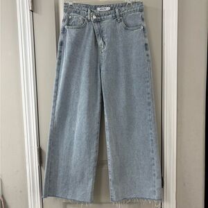 Light Blue Women's Crossover Waist Wide Leg Cropped Jeans